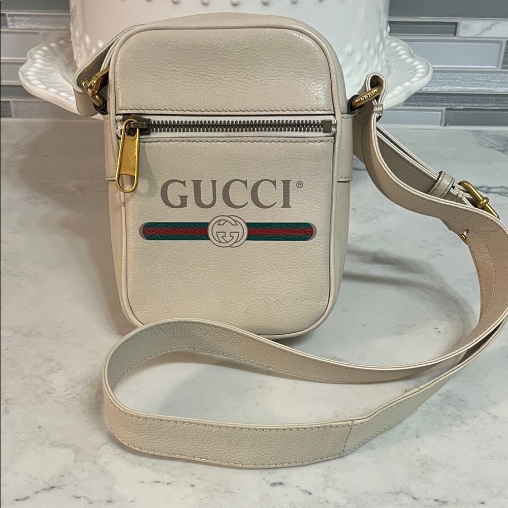 Gucci Cream Leather Crossbody with Signature Web Stripe